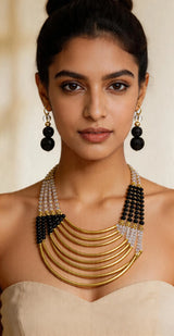 Black Glass Bead Eight Strand Necklace and Earrings Set