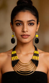 Black Glass Bead Eight Strand Necklace and Earrings Set