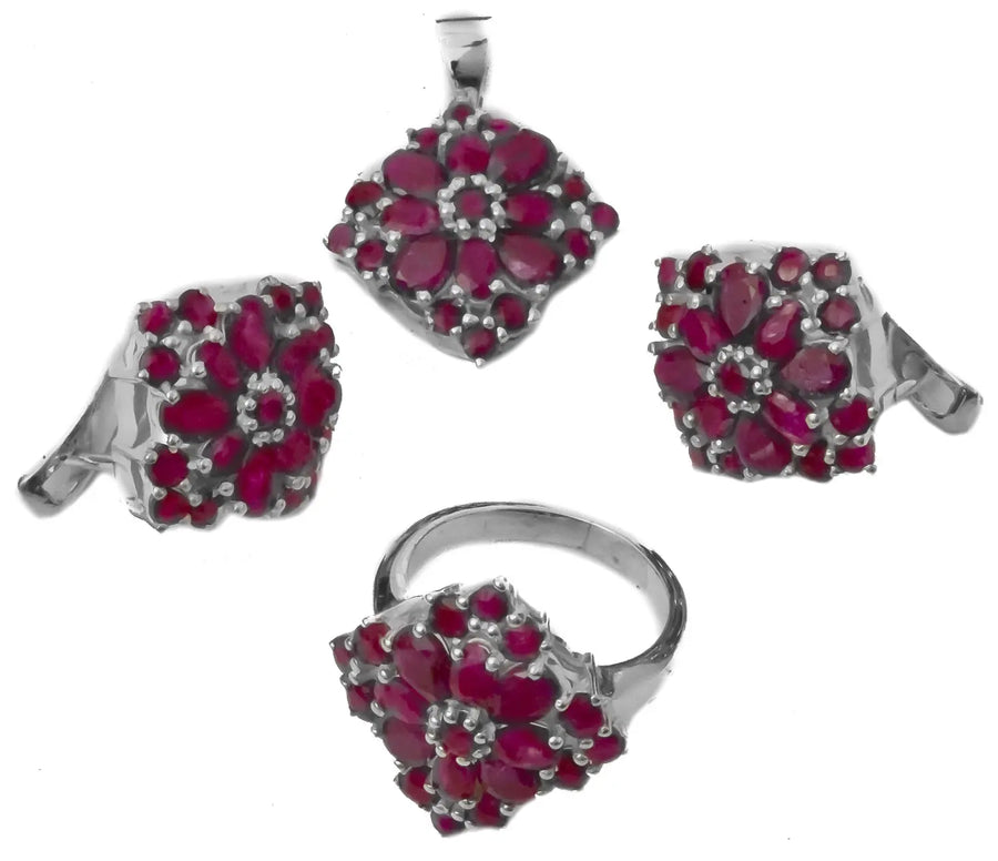 Faceted Ruby Sterling Silver Pendant Earrings and Ring Set