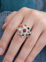 Navaratna Star Motif Sterling Silver Ring