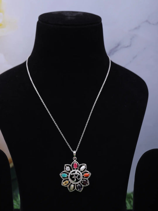 Navaratna Om Sterling Silver Pendant