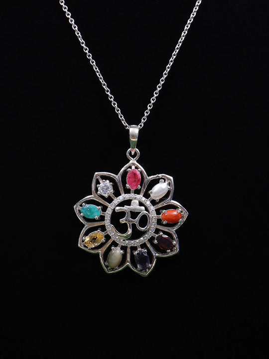 Navaratna Om Sterling Silver Pendant