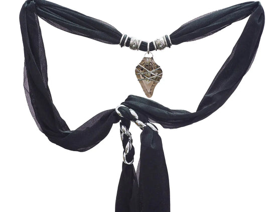Art Silk Scarf Necklace with Pendant in Jewel Tones