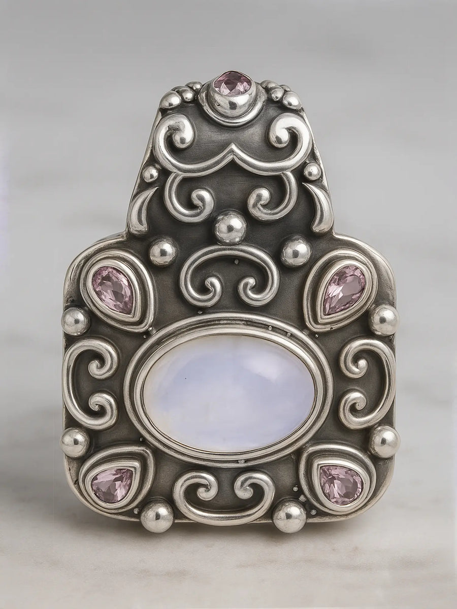 Faceted Rainbow Moonstone and Amethyst Sterling Silver Pendant