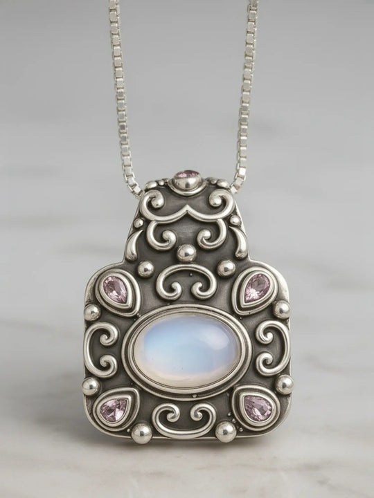 Faceted Rainbow Moonstone and Amethyst Sterling Silver Pendant