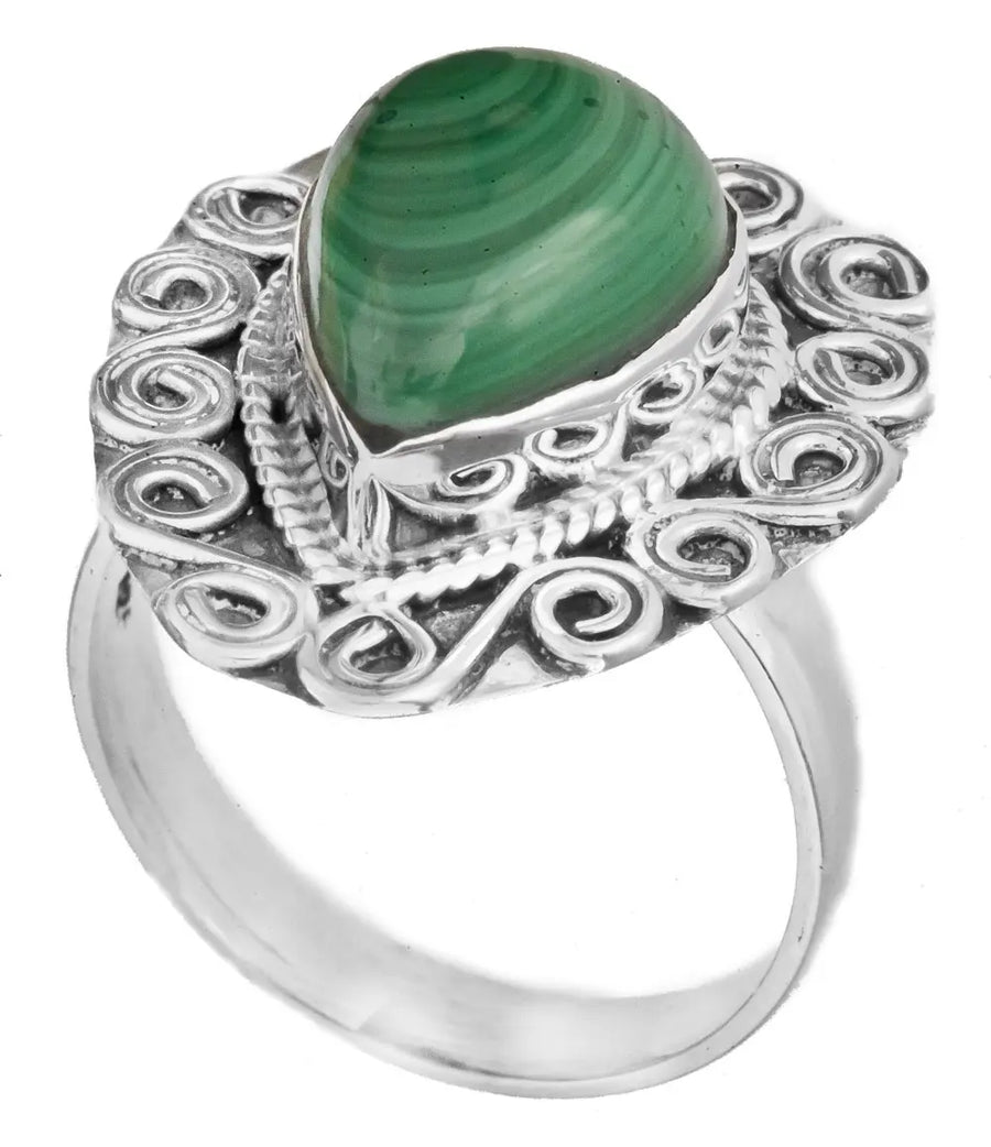 Malachite and Tiger Eye Gemstone Spiral Sterling Silver Ring