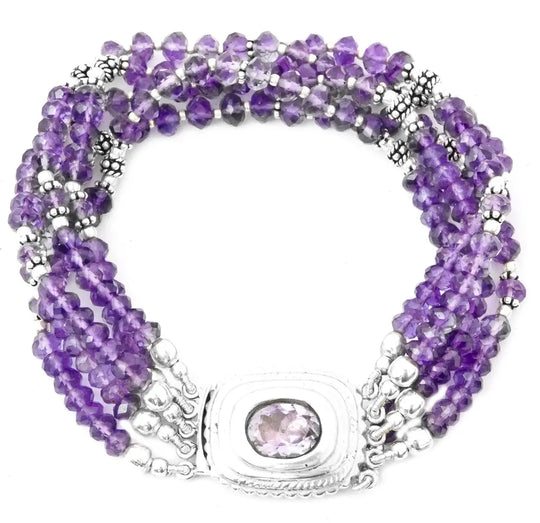 Faceted Amethyst Rondelle Five Strand Sterling Silver Bracelet