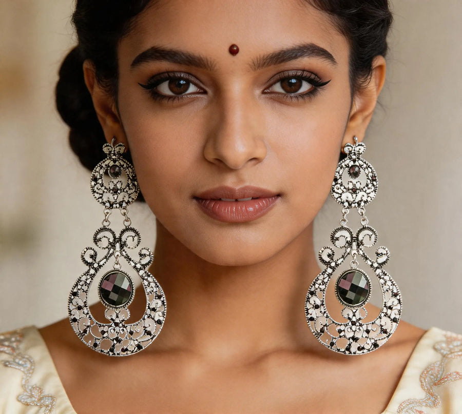 Paisley Cut Glass Dangle Earrings in White Metal