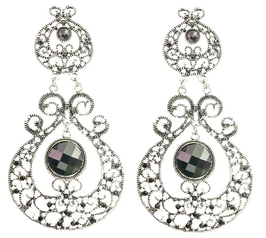 Paisley Cut Glass Dangle Earrings in White Metal