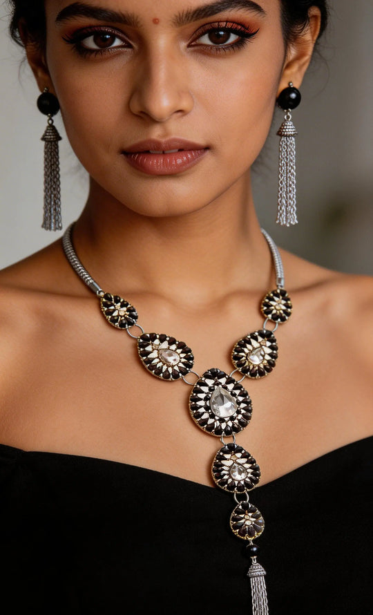 Faceted Cut Glass Tassel Necklace and Earrings Set