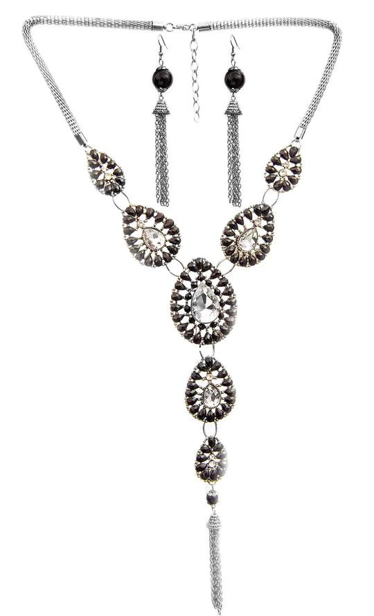 Faceted Cut Glass Tassel Necklace and Earrings Set