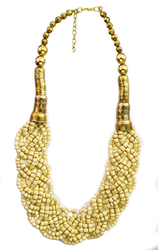 Twisted Beaded Cream Pink and Yellow Brass Necklace