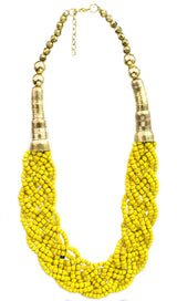 Twisted Beaded Cream Pink and Yellow Brass Necklace