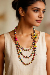 Handcrafted Multicolour Wood Three Strand Long Necklace