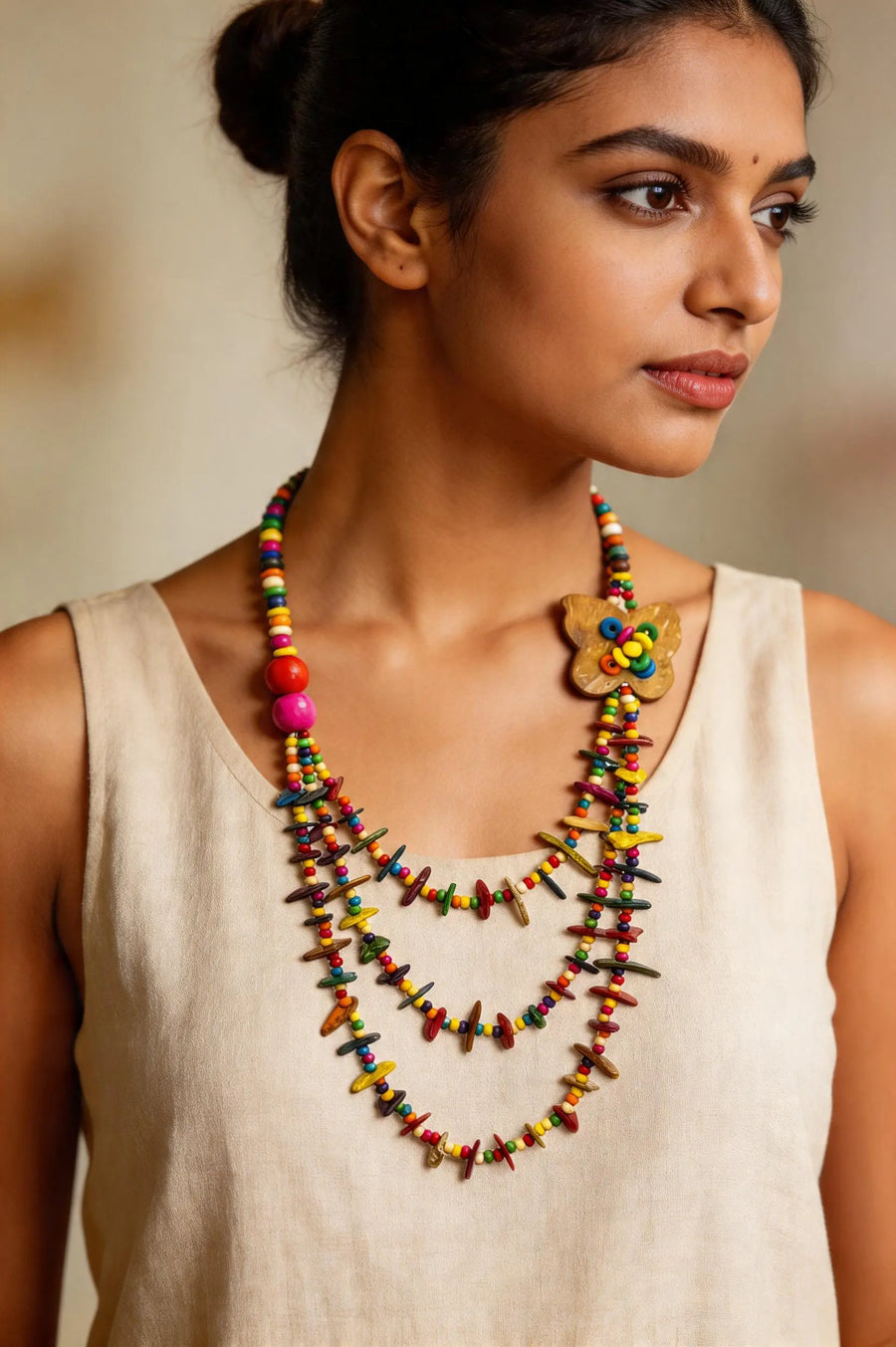 Handcrafted Multicolour Wood Three Strand Long Necklace