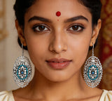 Twin Oval Cut Glass Earrings in White Metal