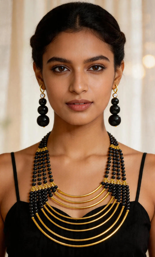 Black and Gold Eight Strand Necklace with Earrings Set