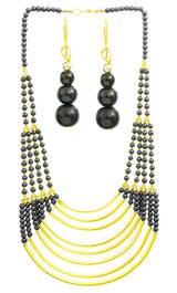 Black and Gold Eight Strand Necklace with Earrings Set