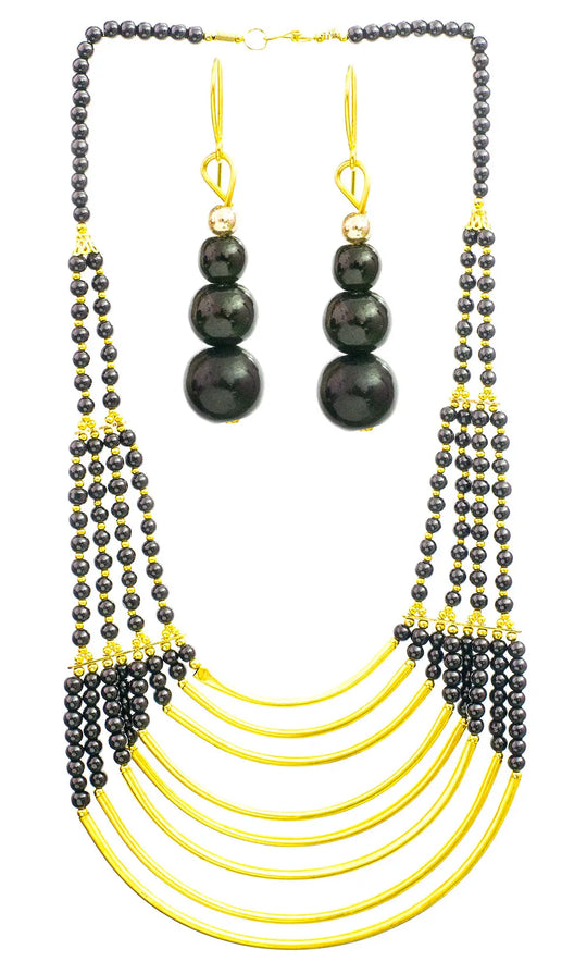 Black and Gold Eight Strand Necklace with Earrings Set