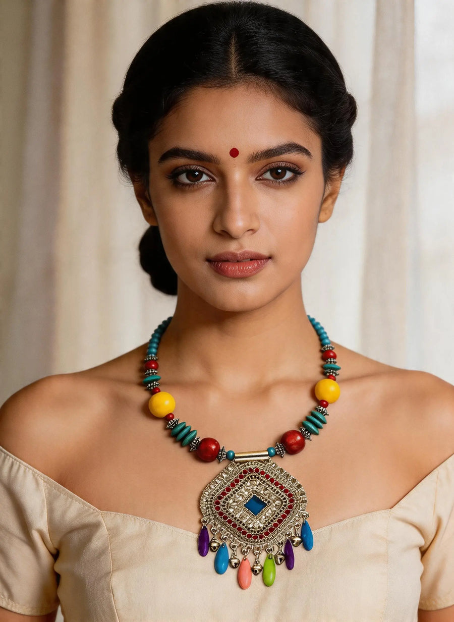 Multicolour Ghungroo White Metal Necklace