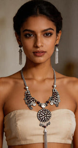 Black Blue and Maroon Tassel Necklace and Earrings Set