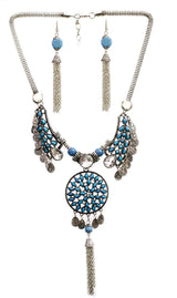Black Blue and Maroon Tassel Necklace and Earrings Set