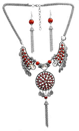 Black Blue and Maroon Tassel Necklace and Earrings Set