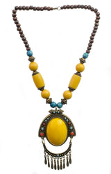 Red and Yellow Beaded Copper Alloy Wood Dangle Necklace