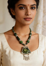 Sage Green and Silver Beaded White Metal Necklace
