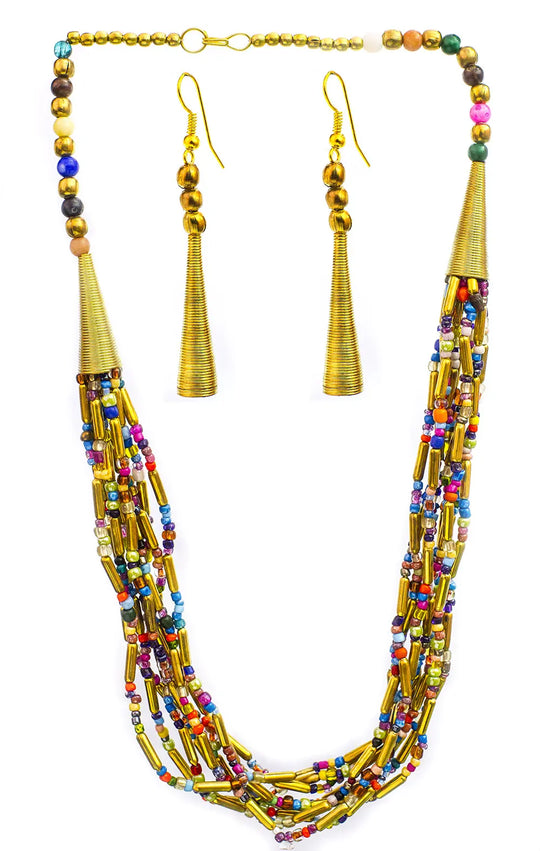 Multicolour Nine-Strand Brass Cone Necklace and Earrings Set