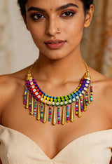 Multicolour Braided Cord Necklace with Brass Dangling Cones