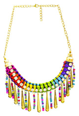 Multicolour Braided Cord Necklace with Brass Dangling Cones