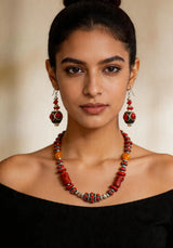 Pompeian Red Beaded Necklace and Earrings Set in White Metal