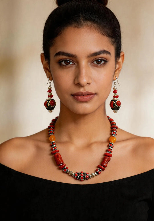 Pompeian Red Beaded Necklace and Earrings Set in White Metal
