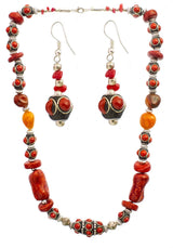 Pompeian Red Beaded Necklace and Earrings Set in White Metal