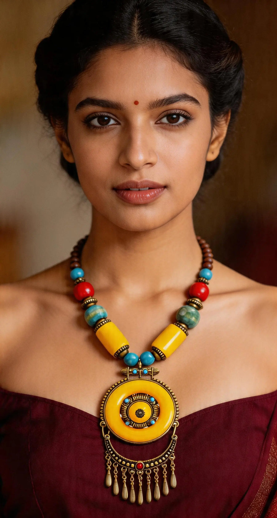 Chakra Beaded Copper Alloy and Wood Necklace