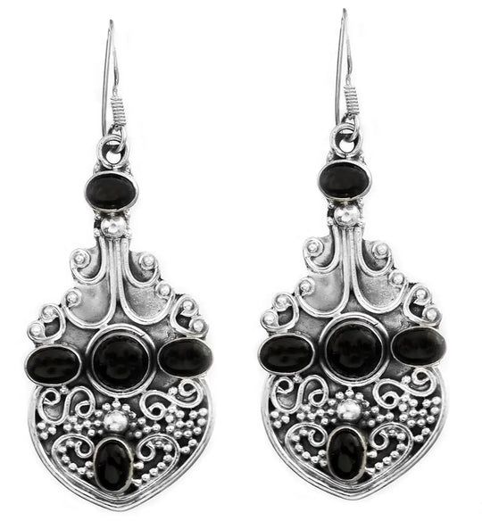 Granulated Black Onyx and Moonstone Sterling Silver Earrings