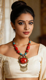 Red Beaded Copper Alloy and Wood Necklace with Dangles