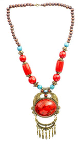Red Beaded Copper Alloy and Wood Necklace with Dangles