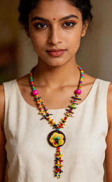 Multicolour Beaded Floral Wood Necklace