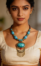 Blue Beaded Copper Alloy and Wood Necklace