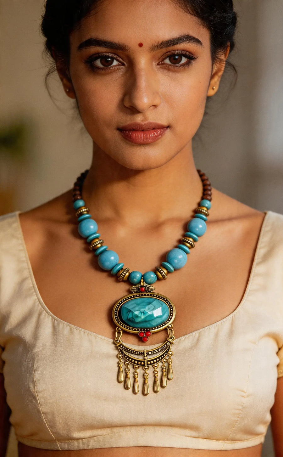 Blue Beaded Copper Alloy and Wood Necklace