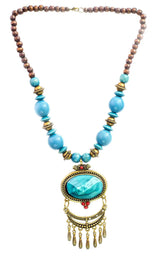 Blue Beaded Copper Alloy and Wood Necklace