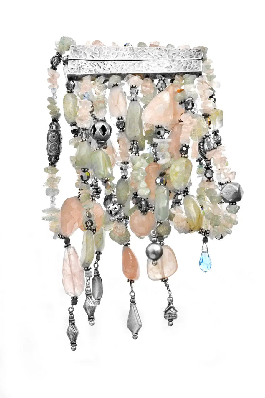 Rose Quartz, Aquamarine and Crystal Sterling Silver Bracelet