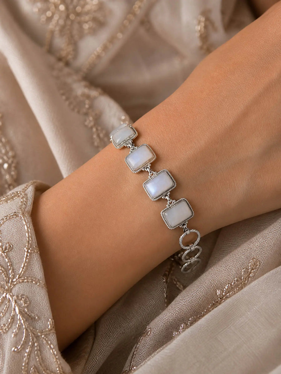 Rectangle Cut Rainbow Moonstone Sterling Silver Bracelet