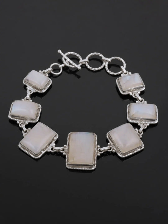 Rectangle Cut Rainbow Moonstone Sterling Silver Bracelet