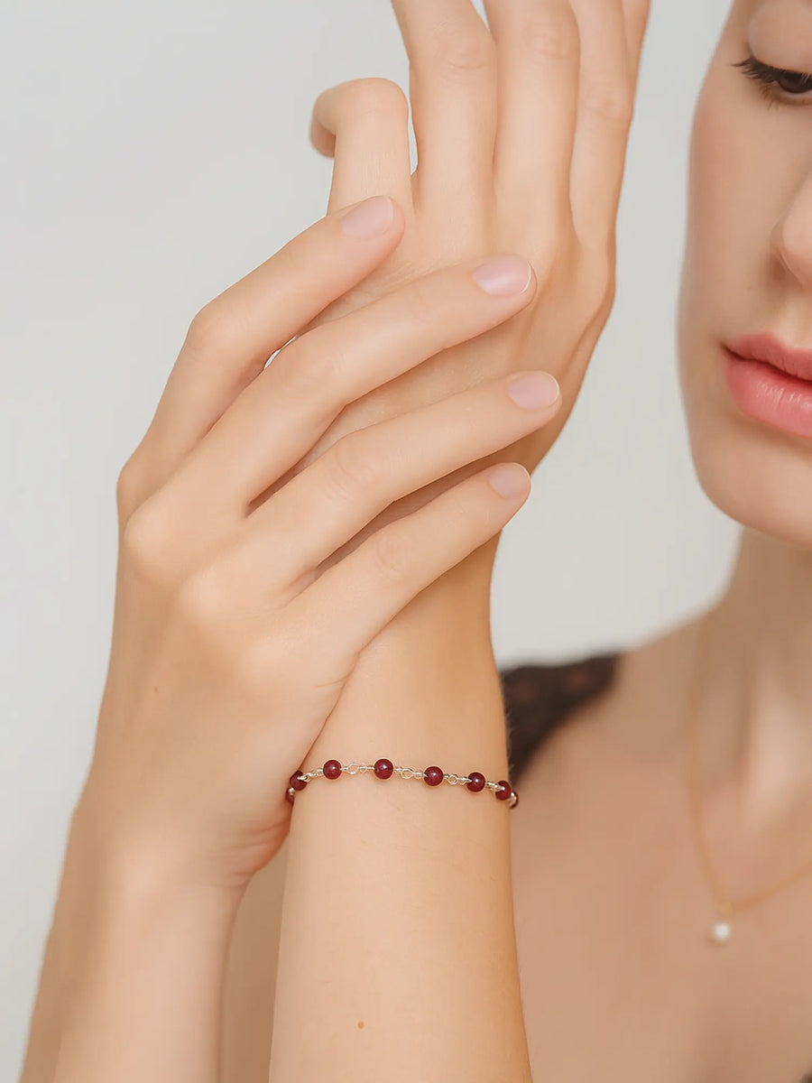 Rhodolite Garnet Beaded Sterling Silver Bracelet