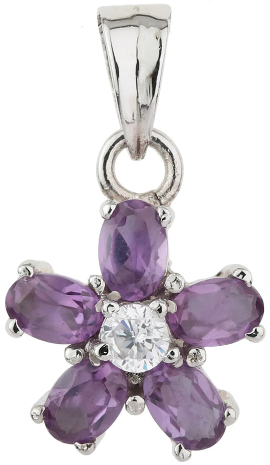 Amethyst and Cubic Zirconia Flower Sterling Silver Pendant