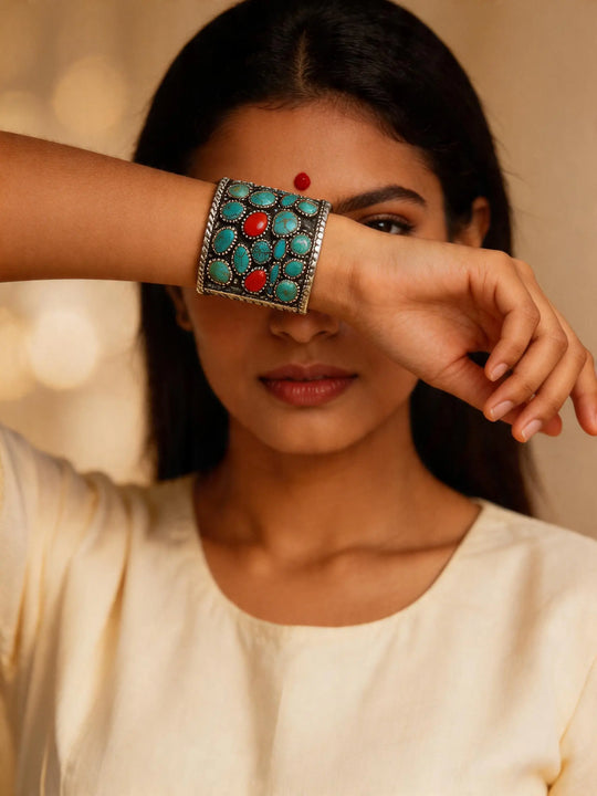 Turquoise and Coral Sterling Silver Cuff Bracelet