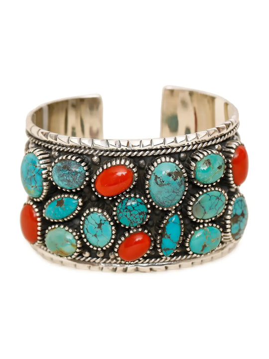 Turquoise and Coral Sterling Silver Cuff Bracelet